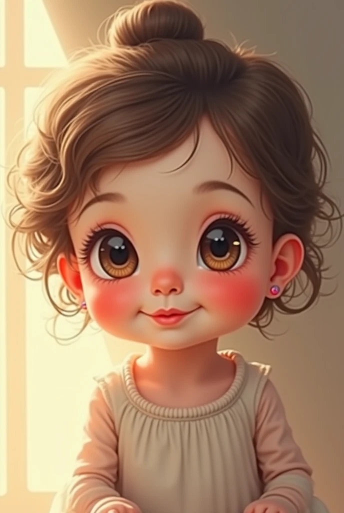 Female baby pixa character with short curly hair and brown eyes