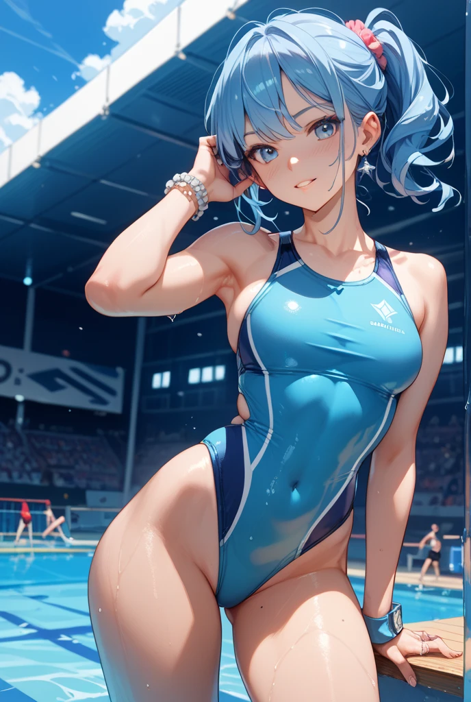 Anime Kawaii sexy Perfect Slim sensual body large breast and huge thighs, An intricate and highly detailed illustration of anime (Young girl (cute), ((sexly)), ((Very detailed)), 4K, (8k), Highest quality,Cowboy Shot,Sexy woman, One Woman,Very large breasts,((Light blue hair color)),((Blue eyes)),(High Ponytail),((Embarrassing)),(((High leg competitive swimsuit))),Ultra-glossy body,Poolside