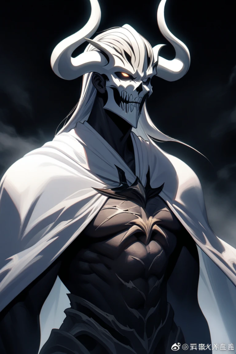 a mask completely destroyed and fragmented, completely glued together and with a broken horn appeared from the forehead  ,hollow mask, bleach anime
