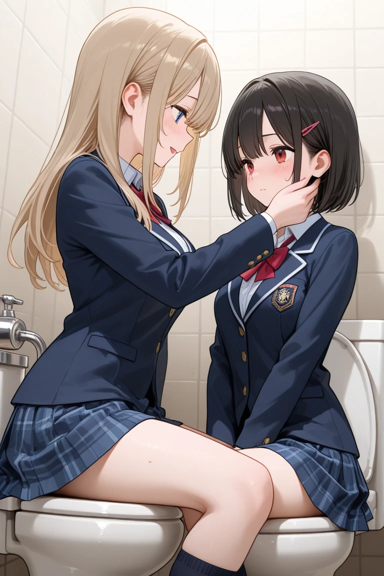 (4 different girls having sex) , girls, with pink hair, long hairstyle with two tails, ((small bushy eyebrows)), wearing gothic lolita clothes, lolicon, walking to school, flirty smile, walking to school, look bored, boring face,, (sitting with her legs open lifting her skirt to show her vagina wet with semen), (1 boy having sex with the girls, scared young man, girls assisting her to have sex, girls smiling, 2 girls touching a girl in the middle, hands on the crotch of the girl in the middle, young man being used as a chair in the middle, ((reverse rape)))