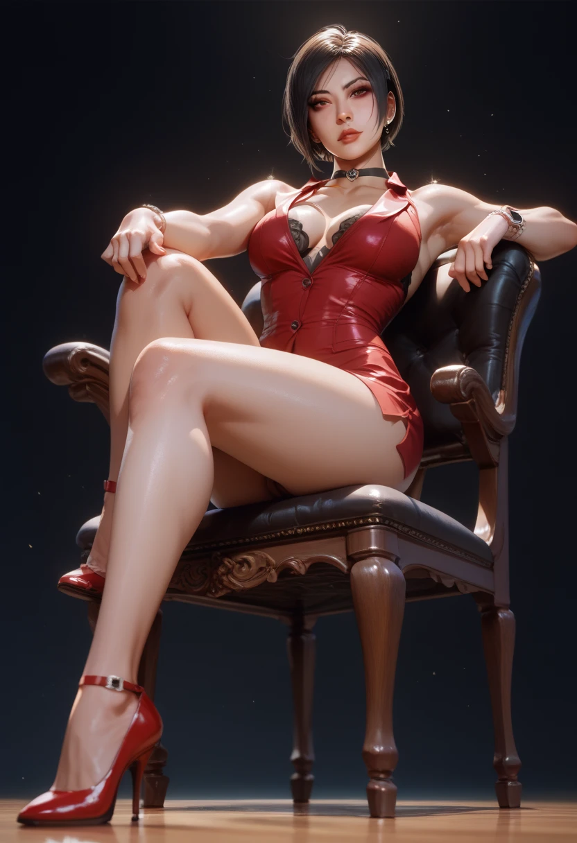 Masterpiece quality. Extremely detailed ada wong wearing see-through red spandex shorts, tight white tanktop. Big boobs and small waist. Pale. Fair skin, large buttocks. she's in sitting alluringly with their hands on her legs with her legs spread wide open. Camel toe. Luminous lighting. She's in an old elaborately designed gym. Exquisite details. Intricately detailed. Alluring. Sensual. Greasy skin.