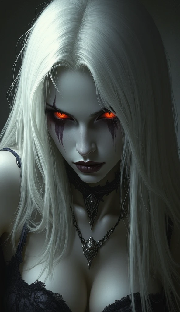 dark fantasy theme, mystical, zoomed, Dark theme, underworld theme, deviant art masterpiece, a pale girl on a dark throne, crimson eyes, grey hair, dark dress, dark tattoos, colour grading, dark illustration, extreme quality, extremely detailed