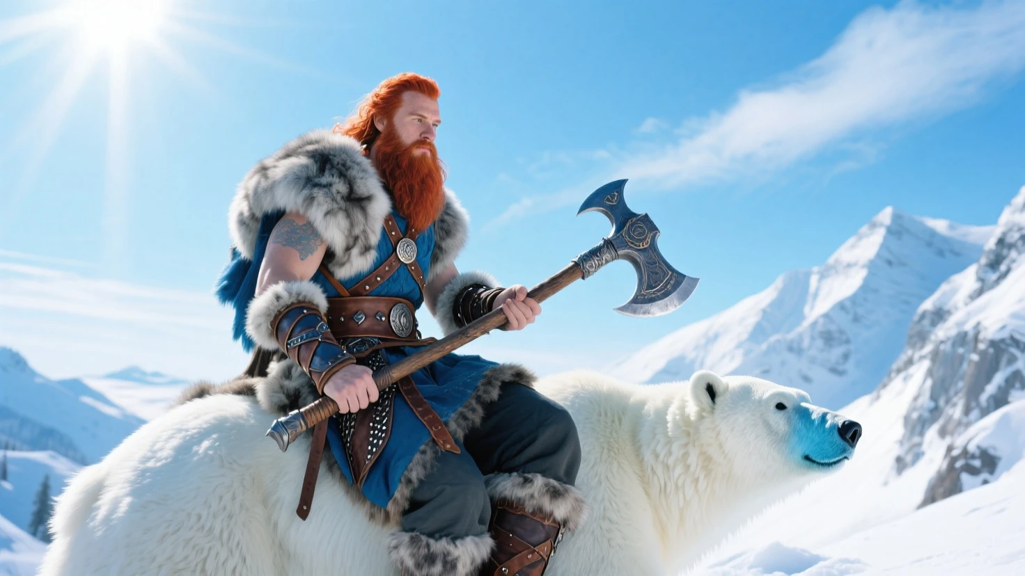 high details, best quality, 8k, [ultra detailed], masterpiece, best quality, (extremely detailed), dynamic angle, ultra wide shot, RAW, photorealistic, fantasy art, dnd art, rpg art, realistic art, a wide angle picture of a [[male dwarf]], druid talking to pet polar bear (1.4 intricate details, Masterpiece, best quality), priest of nature, cleric of nature full body, [[anatomically correct]], dynamic position (1.5 intricate details, Masterpiece, best quality) casting a spell (1.6, Masterpiece, best quality) in a arctic tundra (1.5 intricate details, Masterpiece, best quality), male dwarf (1.5 intricate details, Masterpiece, best quality), wearing fur armor (1.4 intricate details, Masterpiece, best quality), holy symbol, blond hair, blond beard, intense blue eyes, fantasy tundra background (intense details), , dawn light(1.4 intricate details, Masterpiece, best quality), dynamic angle, (1.4 intricate details, Masterpiece, best quality) 3D rendering, high details, best quality, highres, ultra wide angle