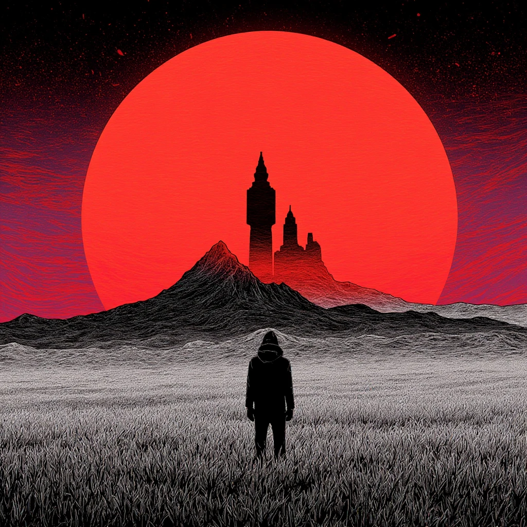 in style of Santiago Caruso,Linear delusion, Collage art:A man standing in a field,Behind me is a huge red sun,Fantasy Art, galaxy,32-bit game pixel art ,illustration, Vector