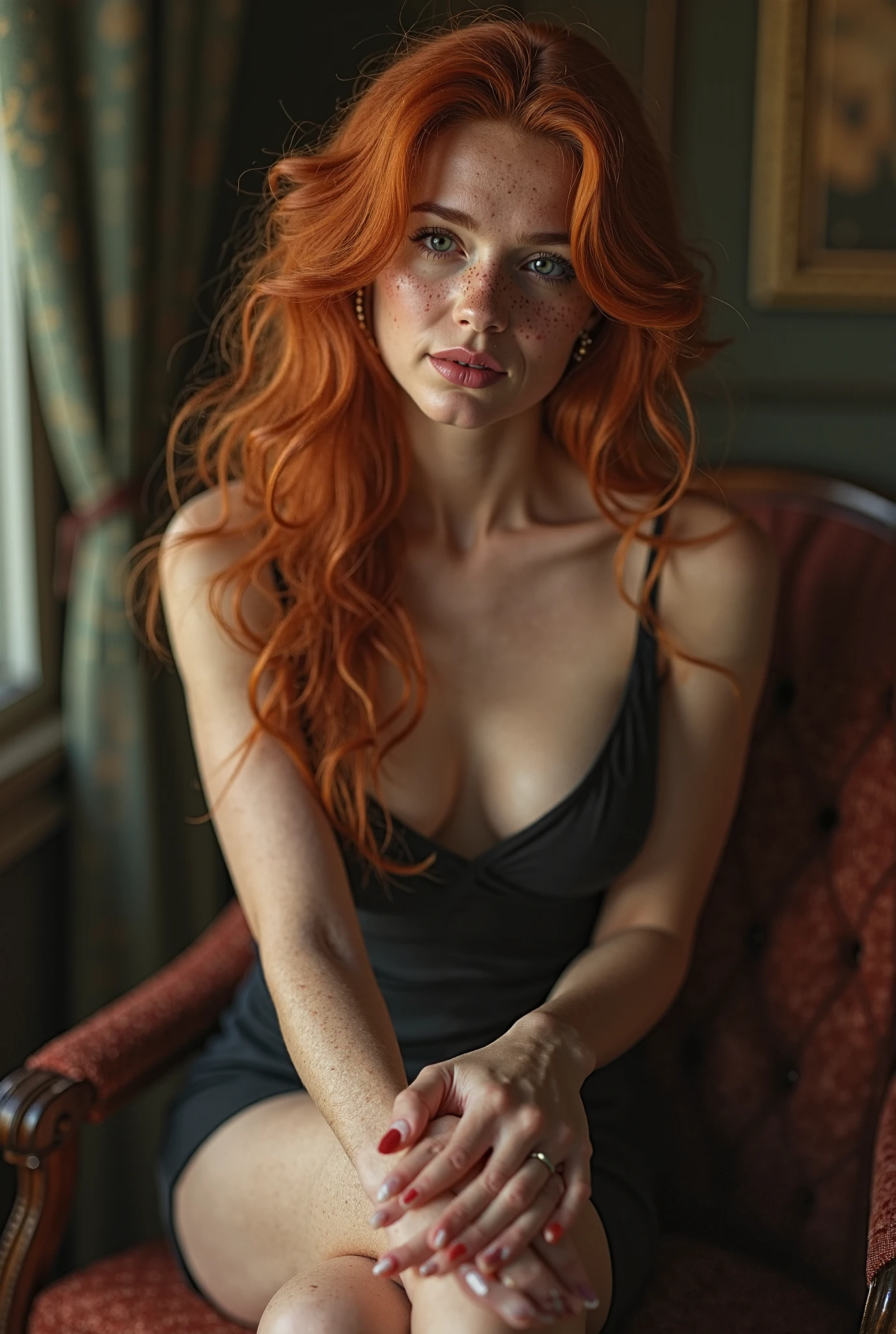 Create a photo of a woman as real as possible; curry hair, curtain , tarot reader with a wide nose,   no cleavage ( without it seems that it was made by Ai ; in a country house 
