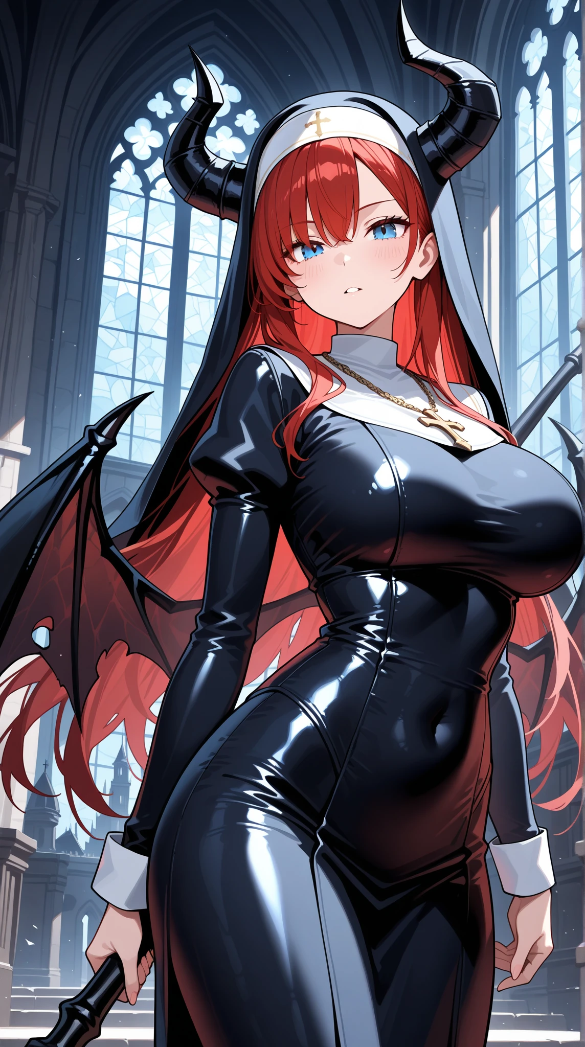 majestic succubus clad in formfitting black latex uniform adorned with shiny gold accents, gold armor, (large+ bat wings behind subject)+, (black ram horns)+, pointy tail, Her voluptuous hourglass figure((medium breasts:1.3))((medium thick hips:1.1)), heavy armored breastplate and matching thigh-high boots she wore, Long flowing crimson hair, ivory skin, emerald eyes, low camera, front veiw, ((subject's body facing viewer))++ legs apart standing over viewer, low angle