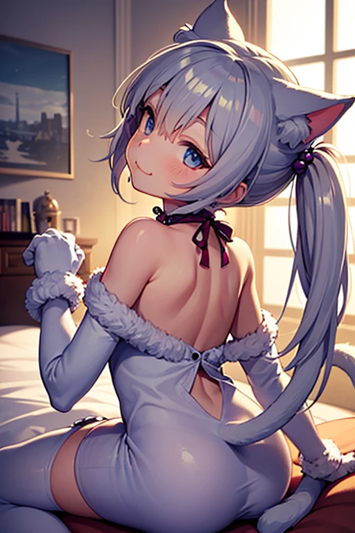 Cat ear、Gray-haired、((Semi-transparent leotard))、（High leg）、Look forward、defeat、Black tights、No shoes on、Starry sky background、Embarrassed face