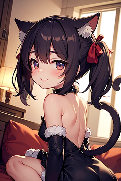 ((best quality)), ((masterpiece)), (detailed), ((highres)), In lavish manor library,  extremely long black hair. Fluffy black cat ears. Long black cat tail on butt, 1catgirl, 20 year old, curvy body, dominant pose, snickering, naked. Heterochromatic eyes, one red eye, one gold eye. No shoes, black fishnets, nude, no clothes, anime, short, provocative 
