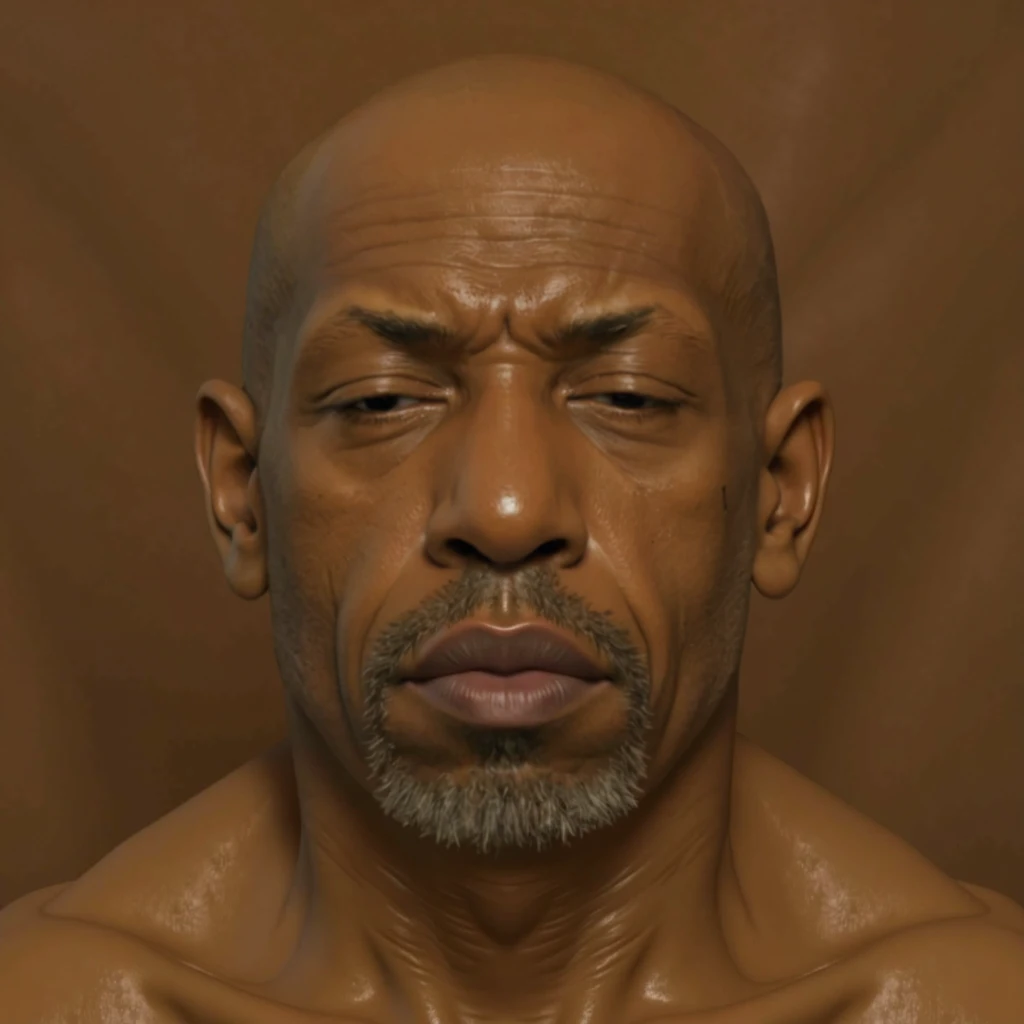 Black male, close up, muscular, green eyes, 60 years old