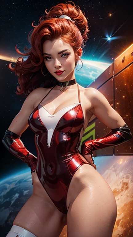 Best quality, 8K, woman retro super hero futurism, beautiful and detailed face, big eyelashes,LOOKING TO observer, ponytail,BLUE hair, long eyelashes, RED leotard, cleavage, GOLDEN metalic details, light GRAY pantyhose, sheer WHITE gloves,sci-fi RETRO SPACESHIP scenario