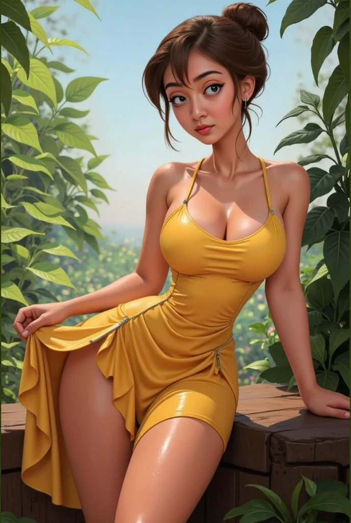 <lora:JanePorter_character:0.3>,janewaifu,1girl,solo,brown hair,single hair bun,messy hair bun,barefoot,simple background BREAK [SEP],
yellow dress,torn yellow dress,yellow puffy sleeves,navel BREAK [SEP],
white gloves BREAK [SEP],
(revealing cleavage:1.1),exposed medium breasts,covered nipples BREAK [SEP],
(ambient lighting:1.1)(ultra realistic,32k,RAW photo:1.1),(high detailed skin:1.1),8k uhd,dslr BREAK [SEP],
high quality,film grain,(shiny glossy translucent clothing:1.1) BREAK [SEP],
looking at viewer seductively,flirty smile,naughty face,nsfw,full shot,simple background,insanely detailed,best quality,masterpiece,(photorealistic:1.2),