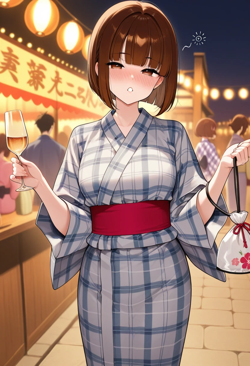 ((high reasterpiece), perfect anatomy, perfect shading, field of depth, (best quality), extremely delicate and beautiful, perfect lighting, detailed face, ultra cute face, cute, (cowboy shot 1.2), looking at viewer, full body, ((1girl)), ((solo)),

short hair, fluffy hair, brown hair, hair dress, green eye, ((blush)), nervous (kimono dress 1.2), medium breasts, cleavage, perky breasts, (((wide hips))), ((thick thighs)), ((chubby)), 

street, town, Japanese festival, night time, intricate background, detailed background, standing,