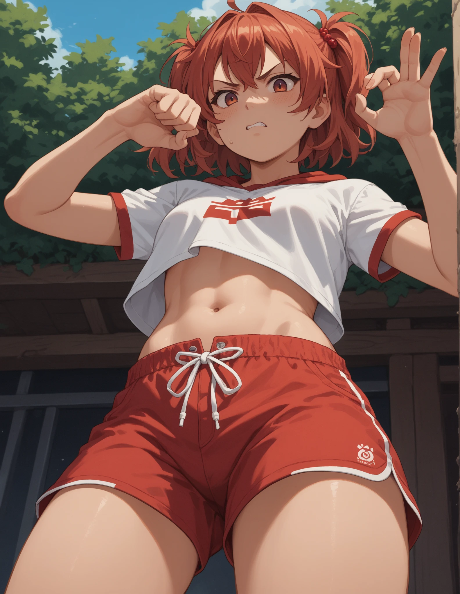 X-rated，Under the legend，Chara，age girl，red eye，Smile，sexy，green，Chest leak，short crop top，hot pant，with short brown haice turned red，Underwear model，lust，Hand repair，detail， clothing，HD，no underwareuttocks raised，stick out your tongue，Playful，love heart，Buttocks close up，Sweat，sitting，big asack view，Rear view，christmas，gifts，camel-toe，secretion，liquid