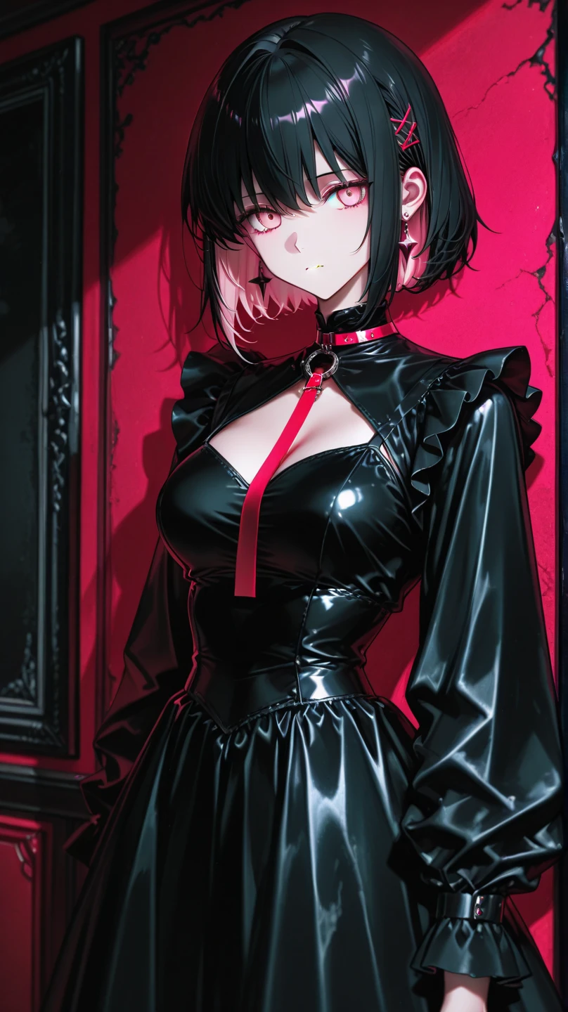 a black hair girl, infected with flowers, very skinny, gothic