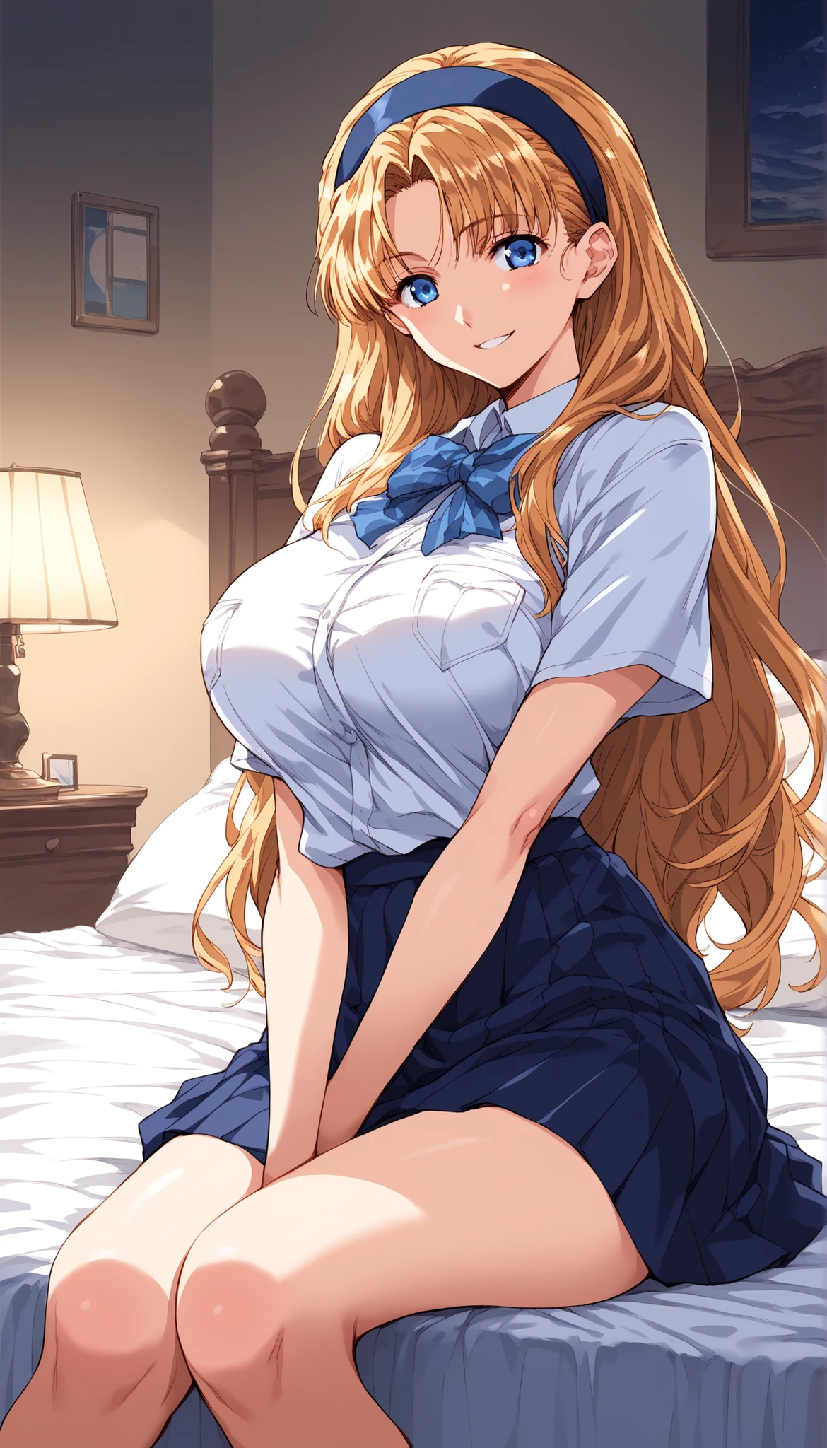 debris flies, highest quality, Highly detailed CG Unity 8K wallpaper, sexy witch , Long length hair、Dark blonde wavy hair、off shoulder knit, dark blue pleated skirt, stockings、medium breasts, saggy breasts, Pose that emphasizes the chest, blush, shy smile, bare shoulders, (((lift up the skirt with both hands、open your legs wide、please open your knees))）、、nice magic book、church bed、lying in bed、、light blue panties、light blue bra
