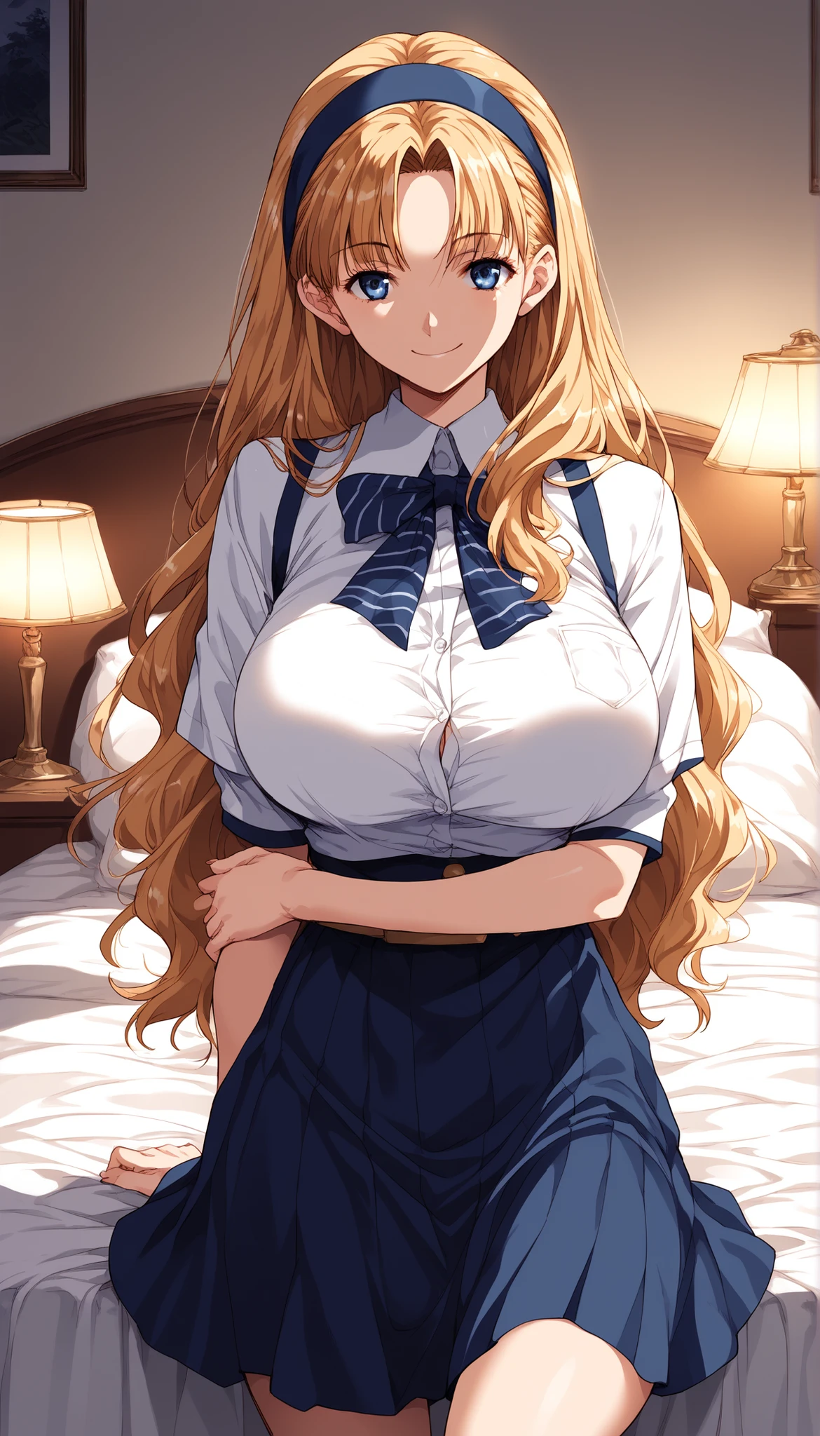 ((masterpiece)), (Highest quality), (detailed), (1 Girl), White collared shirt,Red eyes,Light brown hair、Long Hair、Wolf Ears、skirt,bed、Huge breasts、