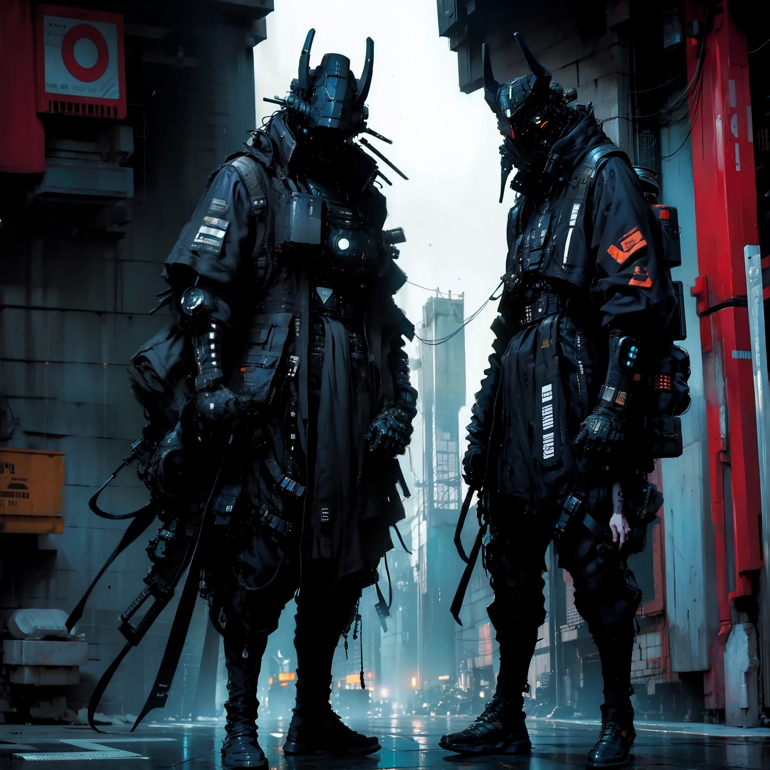 dark and futuristic cyberpunk street , heavy samurai ,. cyberwear 