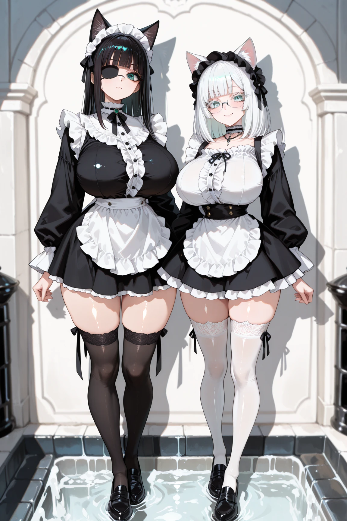 1 thin maid standing with open thin legs wide, (open legs), (slim thighs:1.3), legs apart, solo, standing in glass wall, BREAK, thin long legs, (huge perky breasts:1.3), (thin waist), BREAK, frilled very short miniskirt, (long black thighhighs), highheels, (pigeon toed:1.2), BREAK, smile for viewer, nose blush, open mouth, heavy breathing, BREAK, skyscrapers in distance, BREAK, full body, masterpiece, nsfw