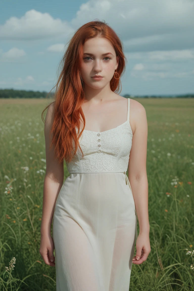 (8k, RAW photo, highest quality),(epic realistic:1.5), a girl, dynamic posture,erotic face, blouse,(detailed eyes:0.8),(looking at the camera:1.4), (highest quality), (best shadow),intricate details,cinematic,((skin:1.4)),interior, (long flowing ginger hair:1.3),dark studio,,(hdr:1.5),detailed, muted colors, (large breasts 1.3), silver necklace, silver earring, long flowing wavy hair, smooth hair, hair down, hair pulled back, standing in a park