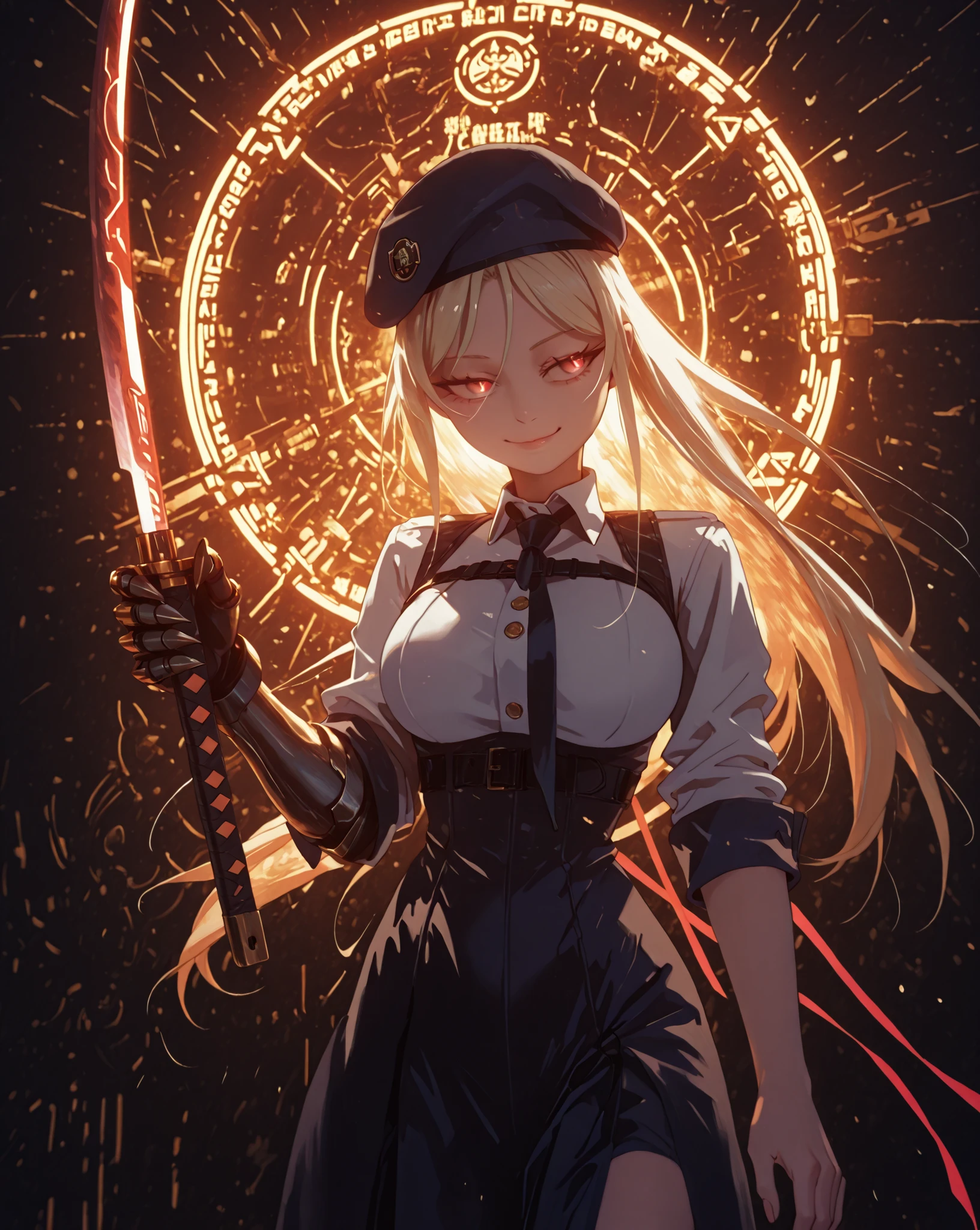 A young female character with the same height and body proportions as Shinobu Oshino from the Monogatari series. She has long, flowing blonde hair adorned with a red ribbon on one side, and the same sharp facial features as Shinobu — but instead of red eyes, she has glowing golden eyes that shimmer with intensity. Her expression is provocative and confident, wearing a sly, self-assured smile.
Her outfit is a highly detailed cyberpunk-inspired military uniform, black with red and gold accents. The skirt is tactical yet stylish, with embedded circuitry lines. Her uniform includes gold medals, high-tech insignias, and a bold red tie. A large, exaggerated red beret sits atop her head, slightly tilted, oversized compared to her head, adding a rebellious edge.
On her left hand, she wears a mechanized gauntlet with sharp, retractable claws, emitting faint neon lights — a blend of weapon and symbol of power. She holds a massive, ultra-wide black katana in her right hand, with a thick blade engraved with glowing red cyber runes, clearly larger than her own body. The katana's design is brutal and futuristic, blending raw steel with cybernetic enhancements and red neon lines along its surface.
Her pose is bold and confrontational — facing forward with her head tilted slightly, shoulders squared, one hip cocked, exuding dominance and fearlessness. Her figure is exaggerated with wide hips, large bust, and a curvaceous silhouette, enhancing the contrast between her youthful appearance and the raw power she wields.
The background is deep black to emphasize her presence. The entire illustration should have a vivid, colorful, high-detail rendering in a cyberpunk anime art style — blending punk aesthetics, femininity, and military dominance into one striking image.