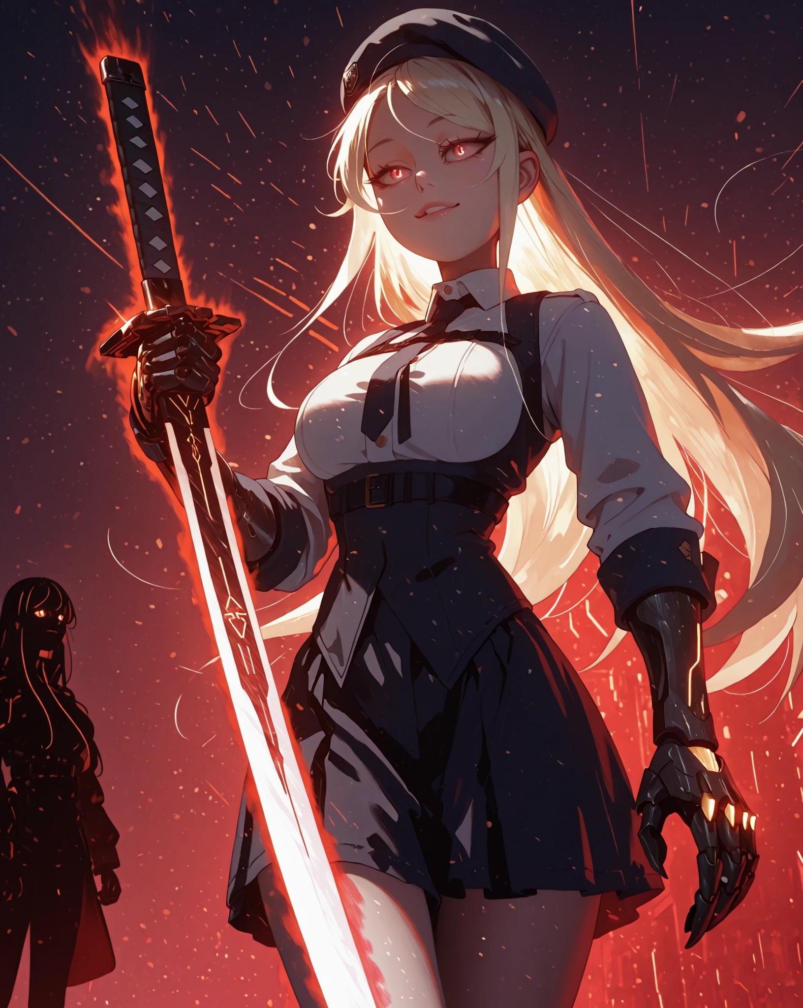 A young female character with the same height and body proportions as Shinobu Oshino from the Monogatari series. She has long, flowing blonde hair adorned with a red ribbon on one side, and the same sharp facial features as Shinobu — but instead of red eyes, she has glowing golden eyes that shimmer with intensity. Her expression is provocative and confident, wearing a sly, self-assured smile.
Her outfit is a highly detailed cyberpunk-inspired military uniform, black with red and gold accents. The skirt is tactical yet stylish, with embedded circuitry lines. Her uniform includes gold medals, high-tech insignias, and a bold red tie. A large, exaggerated red beret sits atop her head, slightly tilted, oversized compared to her head, adding a rebellious edge.
On her left hand, she wears a mechanized gauntlet with sharp, retractable claws, emitting faint neon lights — a blend of weapon and symbol of power. She holds a massive, ultra-wide black katana in her right hand, with a thick blade engraved with glowing red cyber runes, clearly larger than her own body. The katana's design is brutal and futuristic, blending raw steel with cybernetic enhancements and red neon lines along its surface.
Her pose is bold and confrontational — facing forward with her head tilted slightly, shoulders squared, one hip cocked, exuding dominance and fearlessness. Her figure is exaggerated with wide hips, large bust, and a curvaceous silhouette, enhancing the contrast between her youthful appearance and the raw power she wields.
The background is deep black to emphasize her presence. The entire illustration should have a vivid, colorful, high-detail rendering in a cyberpunk anime art style — blending punk aesthetics, femininity, and military dominance into one striking image.