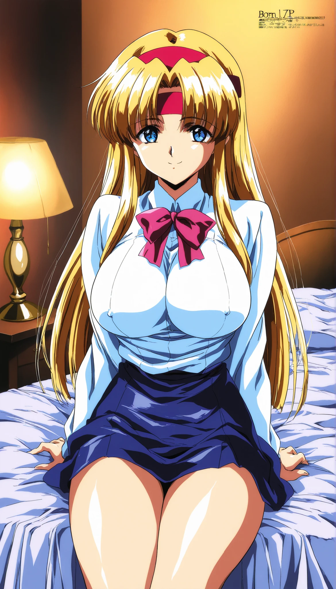 1990s anime style, Cartoon style of the 1990s, best quality, high resolution, In the style of Nobuteru Yuki, blonde hair, school uniform, Inspired by Shirou Masamune, (lying, on back:1.4), (curvy), (Huge breasts:1.2), hands on own chest, blue pleated skirt, retro anime, sharp, Defined lines, Detailed, makeup, Beautiful face, gorgeous eyes, (vulgarity:1.4), (orgasm:1.2), nose blush, smile, closed mouth, white thigh highs, floor, looking down, white panties, red glasses