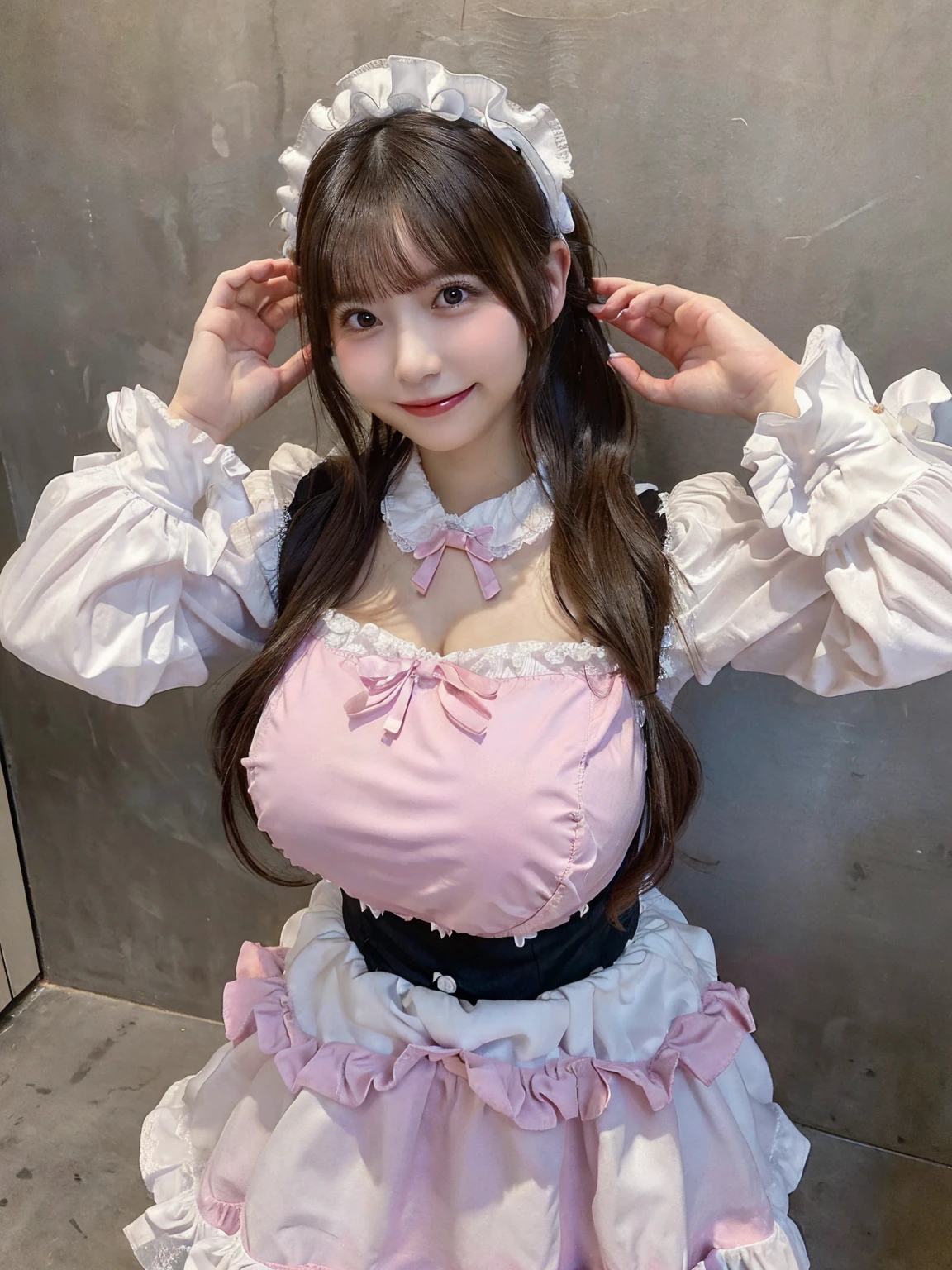 (Highest quality:1.5)、(masterpiece)、(8k:1.5)、Very detailed、Realistic、(One girl)、(Looking at me with a smile:1.5)、whole body、(Black Hair)、Small face、(Slender:1.2)、(Big Breasts:1.2)、(Pink shirt with buttons and a ruffled collar:1.2)、(Pink short skirt with frills:1.2)、(Black thigh-high socks)、(Black garter belt)、(See-through:1.0)、(Lifting her skirt to show her vagina:1.2)、(Angle from below:1.2)