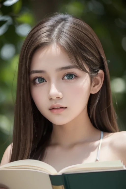 One Girl,(1人のとてもcute女の子:1.3),masterpiece,Highest quality,High resolution,From below,Low - Angle,Photorealistic,RAW Photos,Ray Tracing,Physically Based Rendering,beautiful girl,(12 years old:1.3),cute,Big Blue Eyes,(detailed pupils:1.2),(The face is facing straight ahead:1.3),Body facing forward,Beautiful nose,Upturned nose,Fuller lips,Platinum Blonde Hair,Detailed eyelashes,Thin eyebrows,Very fine grain definition,(Symmetrical eyes,Golden Ratio:1.3),(Face close-up,Face Focus:1.0),Small breasts,Short neck,Light blue dress,White apron,forest,Alice in Wonderland,Spring sunlight,Soft Light,Portrait,View Viewer,Upper Body,Cinema Lighting,High resolution,Very detailed