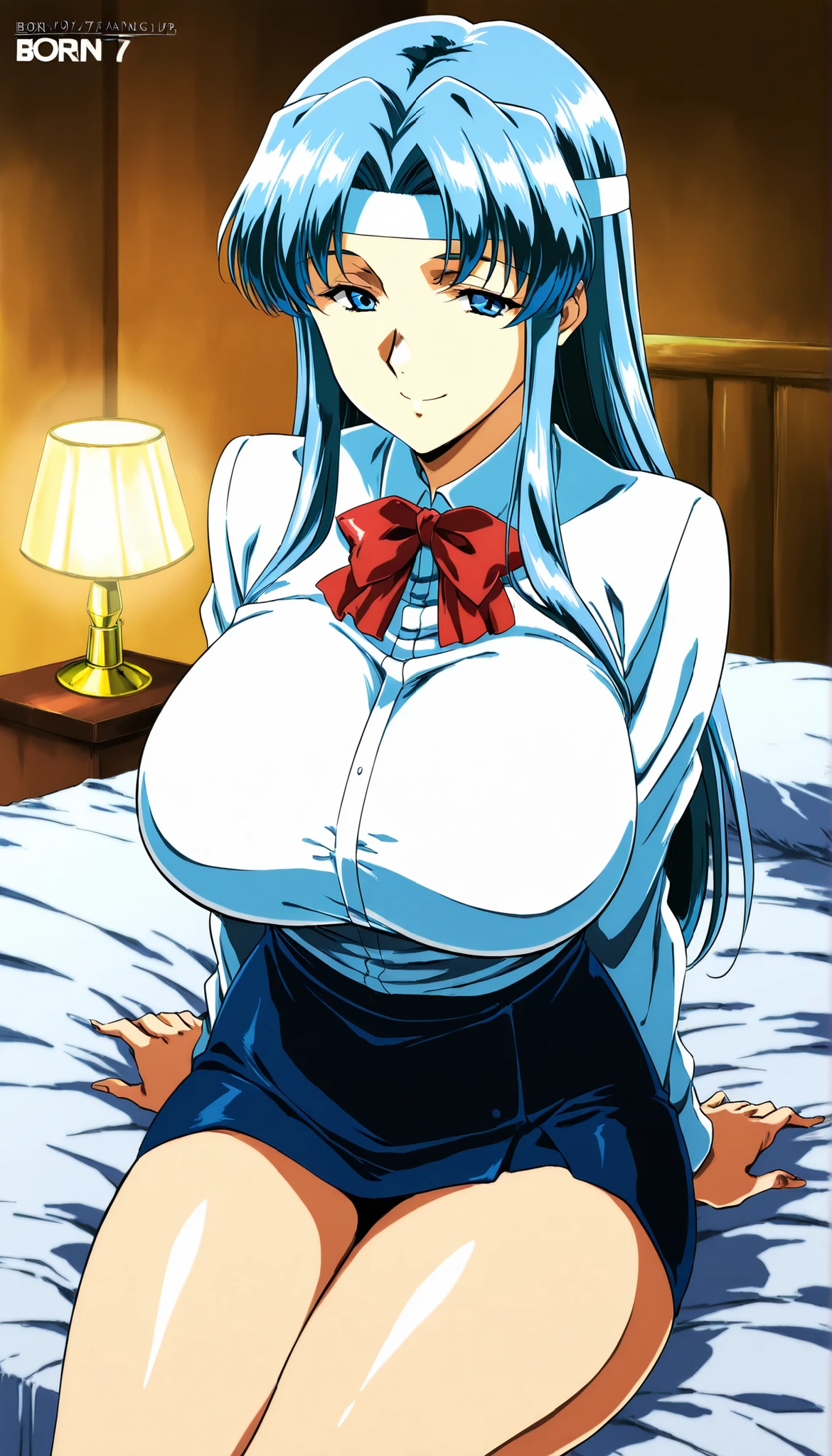 masterpiece, photoreal, high definition, slim waist, long legs, wet skin, huge ass, huge breasts, masterpiece, best quality, absurdres, perfect anatomy, 1girl, solo, Sailor Mars, (1990s \(style\), Black Hair, Black Eyes, Long Straight Hair, smile, maid outfit, white thigh highs, legs spread, on bed, covered in cum, wet skin, cum drip, bukkake, breast milk, cum on face, cum on tits, open mouth