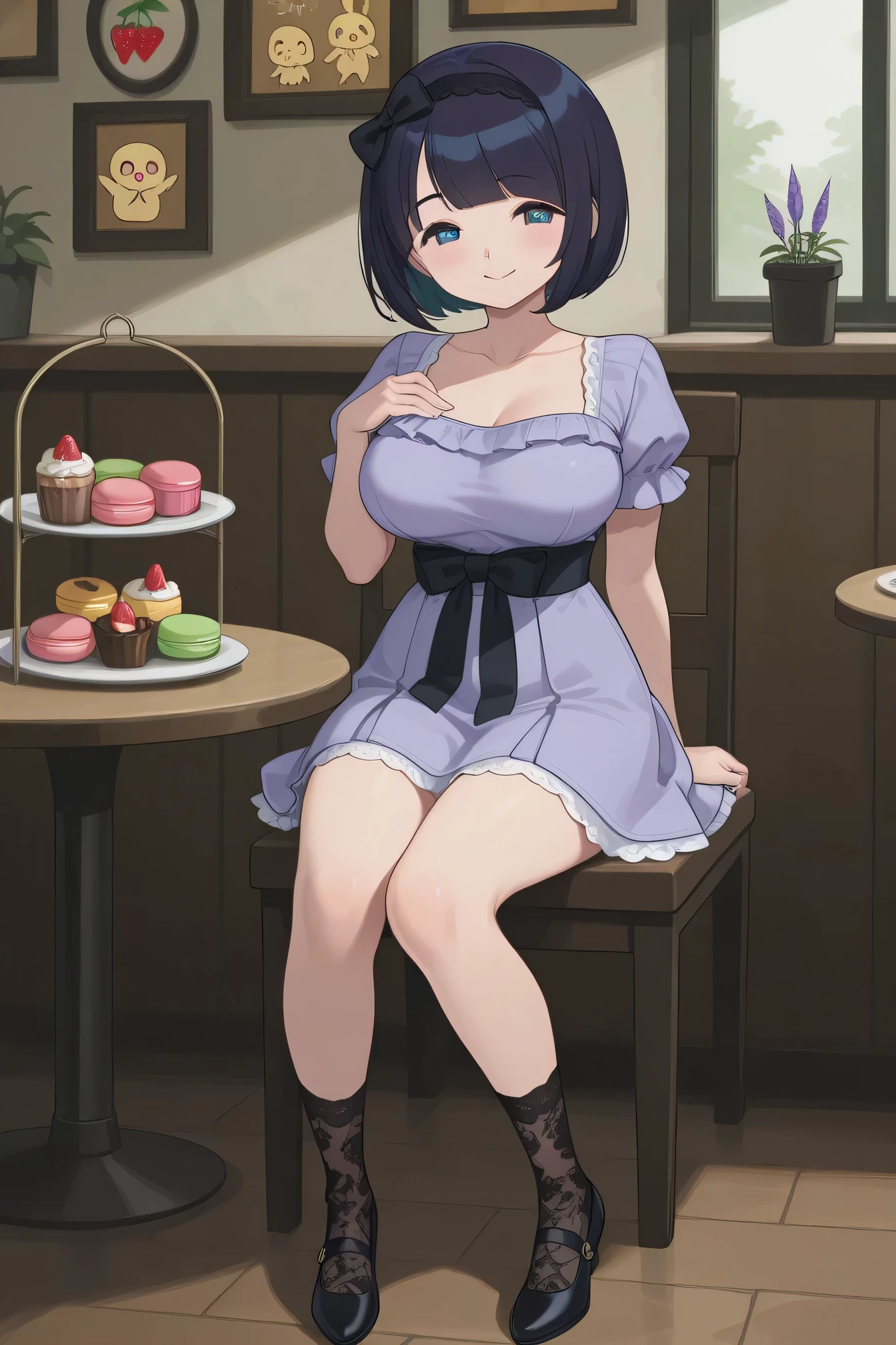 Best Quality、curvy body that shows off your chest、Big breasts、masterpiece、lavender-colored puff sleeve dress。The dress has a high waist and ruffles on the skirt、Knee-length。Small black bow headband、lace socks and white low heel shoes。wavy medium bob。The background is a natural-tasting cafe、colorful sweets such as strawberry parfaits and macarons are lined up on the table、(I'm taking a picture with my friend with a smile:1.3)、cute