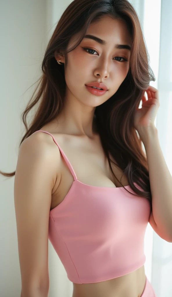 Gentle portrait of a beautiful Asian woman, flowing hair, captivating blue eyes, delicate features, radiant smile, natural makeup, elegantly dressed, ((Pink colour Boatneck Sleeveless Vintage Tea Dress)), ( hair adornment、bow ribbon、frilld、shairband、Jewelry Accessories ), gentle expression, slight blush, warm skin tones, fantastic lighting, soft shadows, high-resolution digital painting, realistic style, artistic interpretation, by a skilled portraitist.