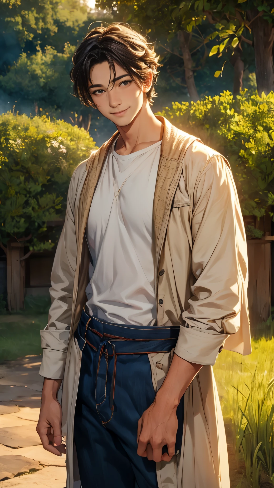 A man who seems kind、standing facing us with a smile, High Quality, Realistic, details, Seimitsu, 4K, HDR, Natural Light, Warm Colors , soft texture, Outdoors, gentle expression, Friendly appearance, gentle atmosphere, has kind eyes, Intimate impression , Portrait
