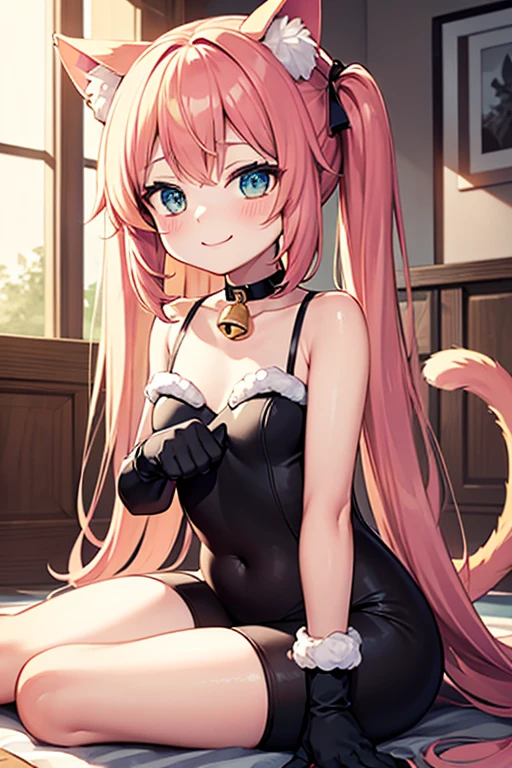 high resolution, best quality, very high image quality, ultra detailed, hyper realistic, photorealistic, very cute woman in cat costume, all on fours, unkempt pink short hair, large tits, cleavage of the breast, Perfect Ratios, anime, illustration, portrait, animification