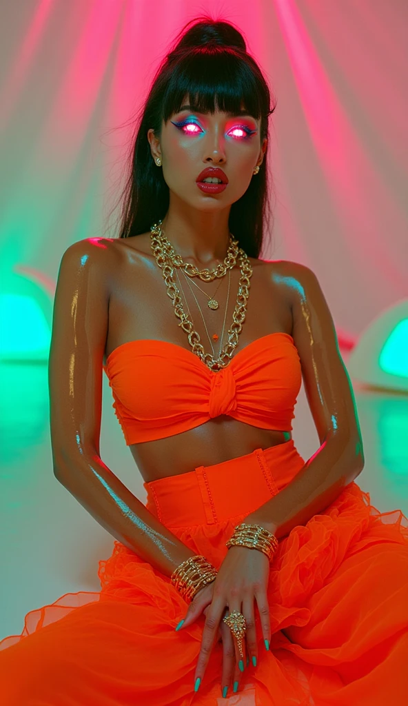 Rita Ora in a strapless neon dress with a v-neckline