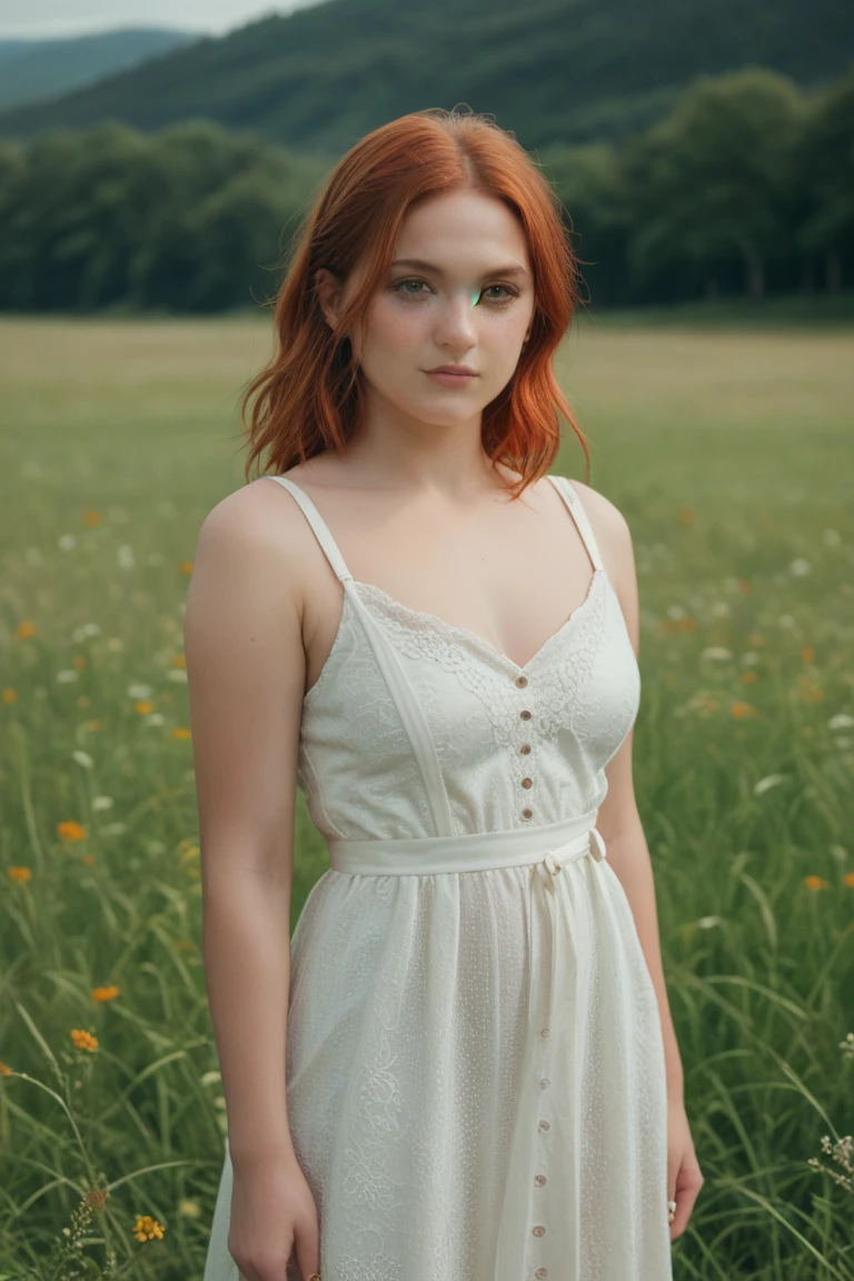 1 girl in a field, 19 years old, standing alone, aesthetic art, Irish, strawberry blonde wavy hair, hair to the shoulders, Chifres Pequenos, light grey-eyed, some small freckles, pale skin, Runner's body, demon tail, (texturized skin, skin pore:1.1), shiver, wearing a red see-through nightgown, exposed tits, sensual pose
