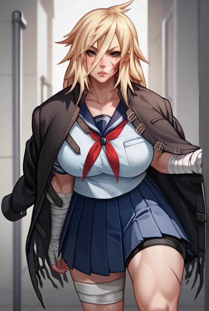 A beautiful girl with long blonde hair and dark blue eyes, wearing a black jacket, necktie, and a short skirt, standing alone at night, one hand on her hip, looking directly at the viewer, (best quality,4k,8k,highres,masterpiece:1.2),ultra-detailed,(realistic,photorealistic,photo-realistic:1.37),extremely detailed eyes and face,longeyelashes,detailed clothing,dramatic lighting,moody atmosphere,intricate details,dark blue color palette,cinematic lighting
