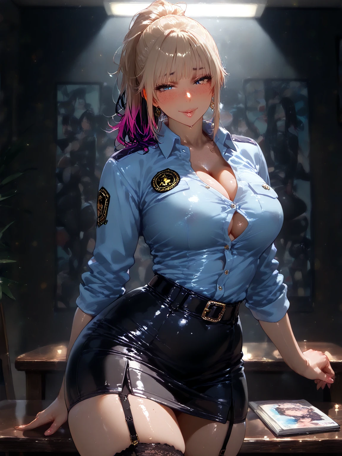 unparalleled masterpiece, ultra realistic 8k CG, perfect artwork, (1girl:1.1) , solo, ((perfect female figure)), (nsfw), looking at viewer, mature female, bimbo (android 18) standing, (teasing), best quality:1.1 , seductive posture, sexy pose, alluring, (beautiful), (curvy), (thick), blonde hair, (blue eyes:1.2), short hair, earrings, jewelry, denim vest, open vest, black pantyhose, black shirt, denim skirt, striped long sleeves, blue skirt, toned legs, fit, (abs:1.1), (big butt:1.4), peach ass, (athletic body:1.2), (large breasts:1.3, (big_breasts:1.1), wide_hips:1.5, narrow waist, small waist:1.5, slender body:1.2, thick thighs:1.3), (shiny skin:1.2), (hdr), (street:1.2), Nikon D850 film stock photograph Kodak Portra 400 camera f1.6 lens, rich colors, lifelike texture, dramatic lighting, unreal engine, trending on ArtStation, by Gerald Brom, by Frank Frazetta, by Luis Royo, by Julie Bell, by Boris Vallejo