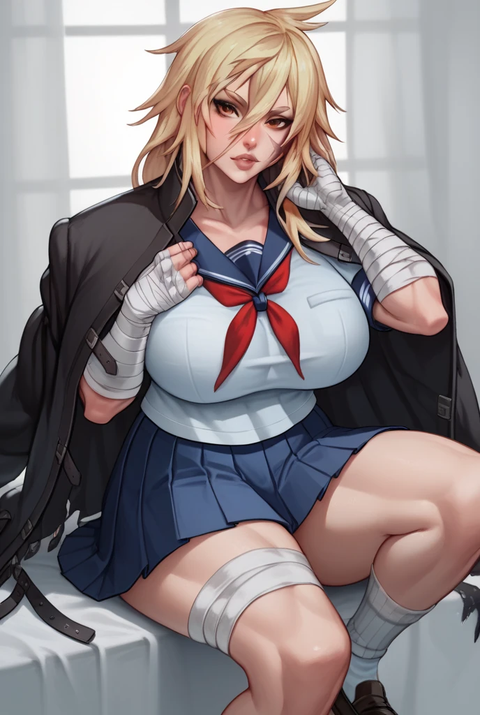 A beautiful girl with long blonde hair and dark blue eyes, wearing a black jacket, necktie, and a short skirt, standing alone at night, one hand on her hip, looking directly at the viewer, (best quality,4k,8k,highres,masterpiece:1.2),ultra-detailed,(realistic,photorealistic,photo-realistic:1.37),extremely detailed eyes and face,longeyelashes,detailed clothing,dramatic lighting,moody atmosphere,intricate details,dark blue color palette,cinematic lighting