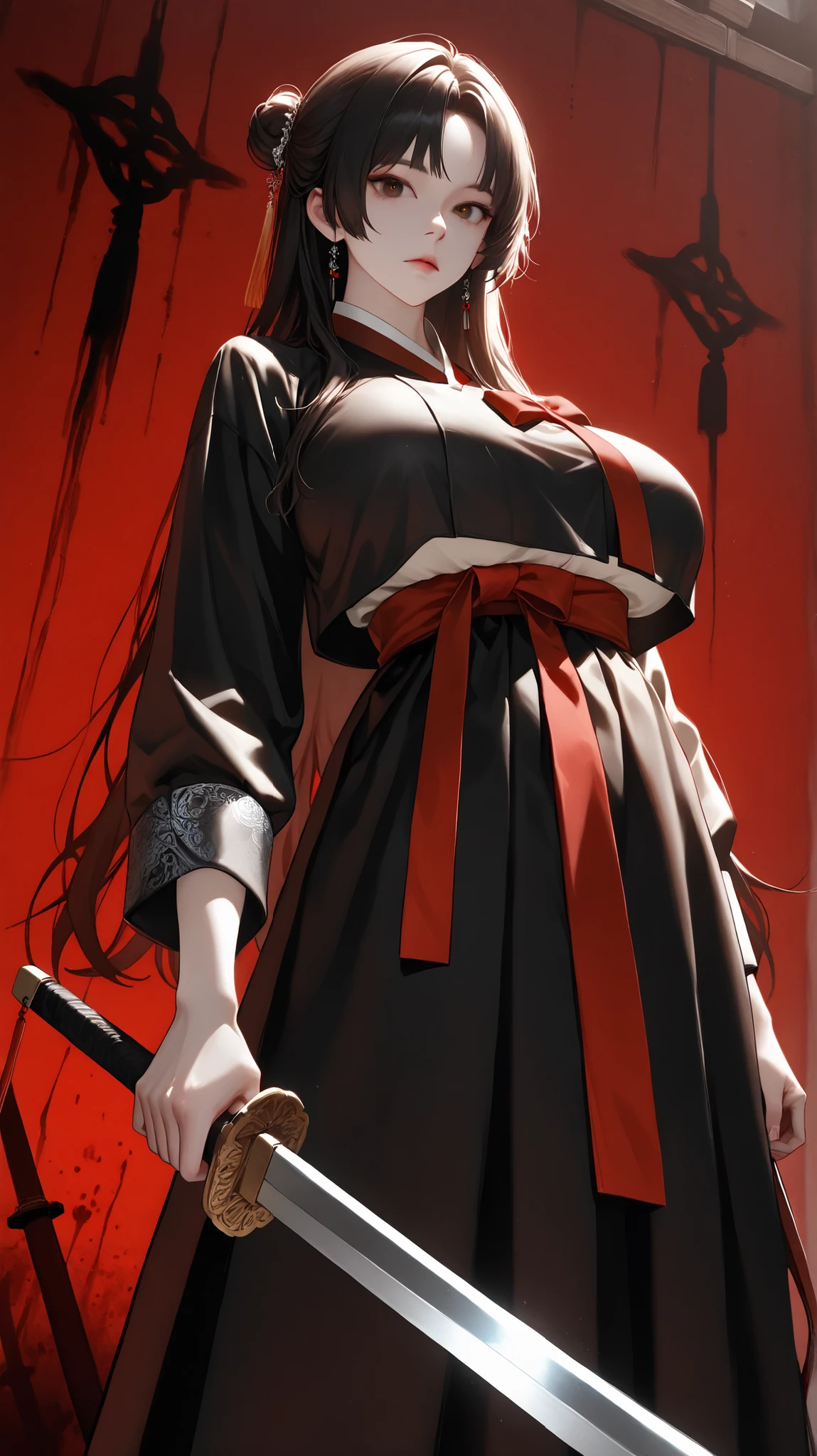very aesthetic, 걸작, 고해상도, 8k 해상도, high contrast, (semi-realistic), newest, koreanai, RP-Illu, best_quality, finely_detailed_eyes_and_detailed_face, (1 girl), solo, long_hair, straight_hair, bun, (parted_bangs), black hanbok, holding sword, brave perspective, (standing, bloody_background), looking_at_viewer, dynamic_angle, (humongous_breasts, huge_breasts, skinny, skinny_face, tall_height), glowing_eyes, brown_eyes, black_hair, expressionless 