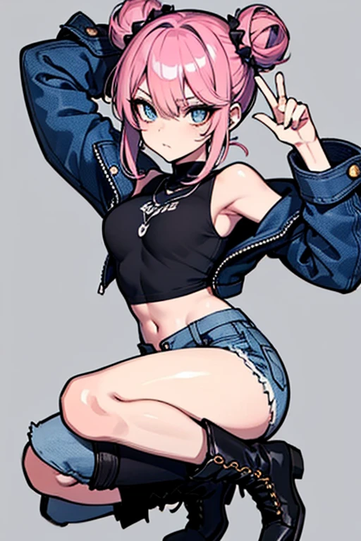 Best image quality,(best quality:1.1),(ultra-detailed:1.1), cowboy shot, (one woman, punk fashion woman, pink spiky hair, other shaved, sharp eyes, sparkling blue eyes, glaring expression), (black leather jacket with lots of studs, short pink tank top, rabbit illustration, low-rise denim shorts with visible belly button, black work boots), dynamic pose, dynamic angle, red stucco wall background,