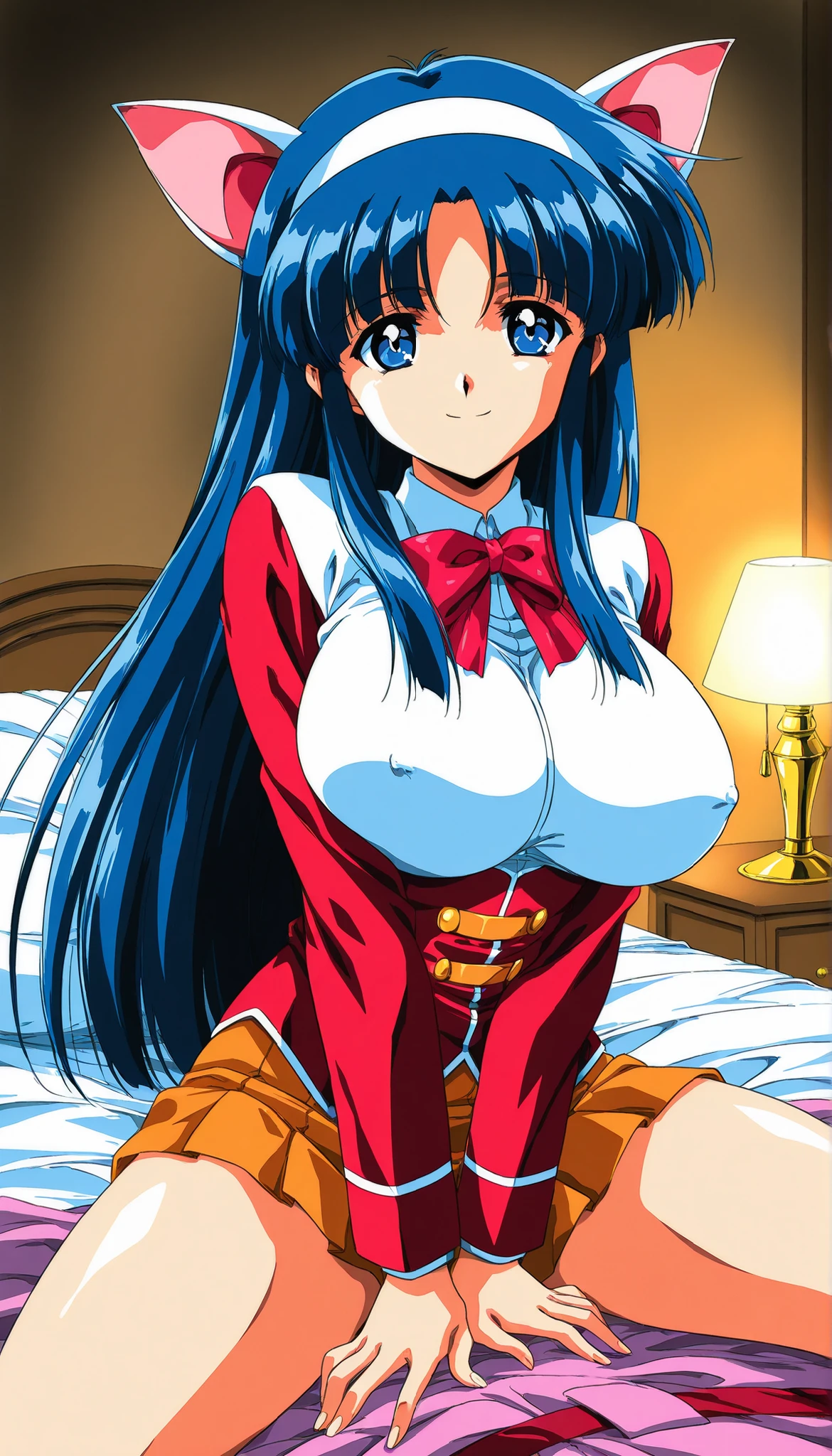 shire, One person, alone, Blue Hair, blue eyes, ponytail, bow, 1990s (style), , Long Hair, expensive ponytail, retror artstyle, , Big Breasts, masterpiece, expensive quality, very_expensive_solve, big_file size, Full Color,anime corlorred, 1 girl,,Perfect hands, Perfect Fingers,Perfect Anatomy, masterpiece, Highest quality,Realistic, hyperRealistic, 16k hdr, ,(Sweat:1.3),,verybig胸,,(Leaning forward ,Kneel:1.2), ,Nipples,(((((audience))))), Shorts, ((T-Shirts)),,classroom,Cleavage, lororking at viewer, :or, 