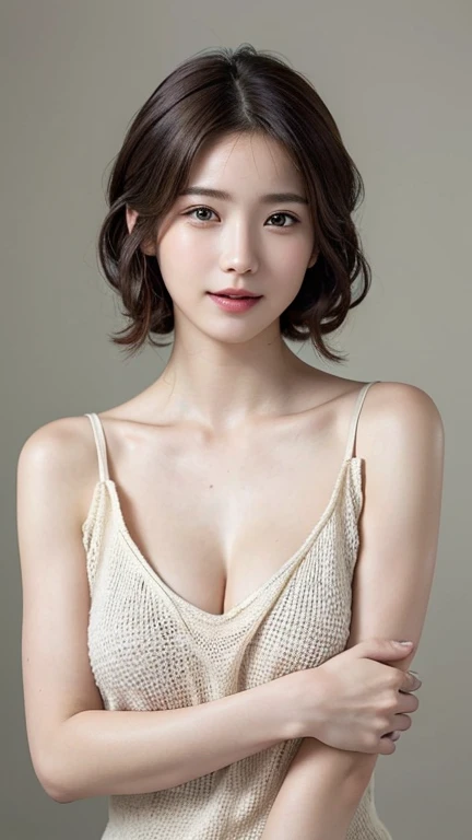 (Highest quality, 8K, 32k, masterpiece, Ultra-high resolution:1.2),Beautiful Japanese Women Photos, Big Breasts, Very short bob hair,Upper Body,(Extra Large_sweater,:1.1) necklace, Simple Background, Expose your chest and look around、smile、Bra is visible、35 year old married woman、