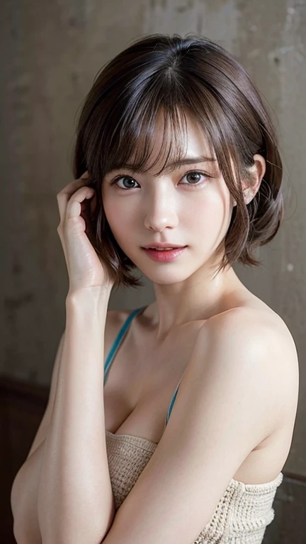 Woman model art, NSFW, 1girl, nude, A stunningly realistic 17-year-old high school girl with short hair, dressed in a traditional navy blue Japanese student swimsuit, standing by the poolside. Her cute droopy eyes and gorgeous big eyes are gleaming with excitement, drawing you into her youthful charm. The scene is bathed in exquisite lighting, each droplet of water glistening on her sweaty and wet skin, enhancing the lifelike texture of the artwork. The 8K resolution allows for breathtaking detail, from the delicate strands of her hair to the fine lines around her eyes and the soft fabric clinging to her body. The high-definition image captures her perfect figure with unparalleled sharpness, emphasizing her large, firm breasts and toned limbs. Her playful stance, hands on her knees, invites you to join in her adventure. The minimalist black and white decor of the room contrasts beautifully with the vivid color palette of the waterfall outside, creating a serene yet energetic mood. The image is taken with a Fujifilm X-S10 and Fujinon XF 10-24mm f-4 R OIS WR lens, offering a low view angle that brings you closer to the action. Her skin, with intricate details of pores and wrinkles, is rendered with a softness that is almost tangible. The setting is a blend of urban grit and tropical serenity, with the waterfall's mist gently kissing the air and the distant sound of the slums fading into the background. Despite the