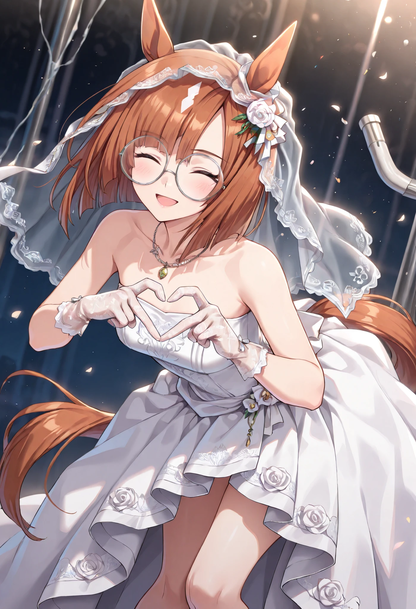 (masterpiece, best quality, perfect face:1.4), wide angle, ikuno dictus \(umamusume\), 1girl, glasses, round eyewear, horse ears, ear ornament, horse tail, tail on the lower back, proportional body, proportional,1 girl, beautiful hair, beautiful face, beautiful detailed eyes, beautiful clavicle, beautiful body, beautiful chest, beautiful thigh, beautiful legs, beautiful fingers, looking at viewer, BREAK, beautiful bride wearing beautiful wedding dress, (bridal veil:1.5), (Transparent short veil:1.5), (tube top wedding dress:1.5), (Silk dress:1.2), (Strapless wedding dress:1.5), pure white dress, necklace, lipstick, (lace gloves:1.5), long white dress, BREAK, Leaning forward, look up, Tilt your head, (((Heart Hands))), BREAK, blush happy smile (open mouth), one eyed closed, textured skin, realistic skin, HDR, BREAK, good hands,