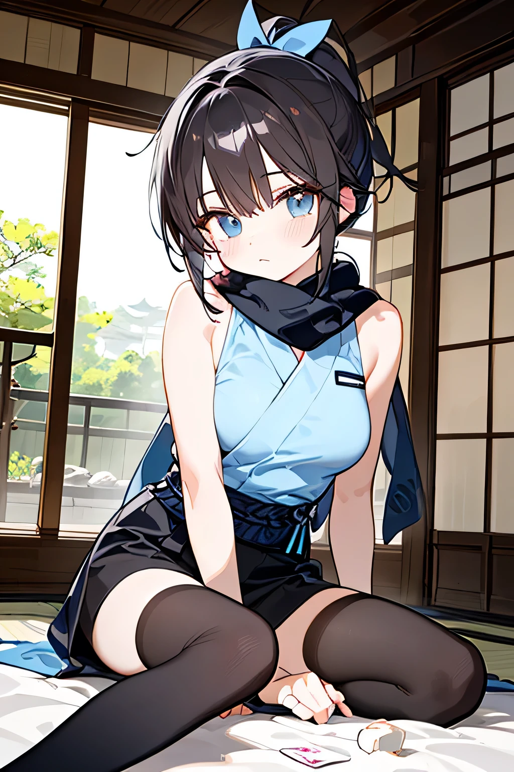 NINJA WIND,Beautiful girl,(cool x ponytail),undershirt visible,masterpiece,mystical atmosphere, natural body,fingertip gloves,Black Scarves Flowing Behind,((Sleeveless x light blue kimono)),Kneeso below the knee , socks,(black shorts worn under the kimono),Detailed Clothes,(slender figure,marshmallow breasts ,),with beautiful dark hair,Clear blue eyes,well-groomed face,transparent skin,Fair skin,Japanese face,Indoor,Japanese Style Room,