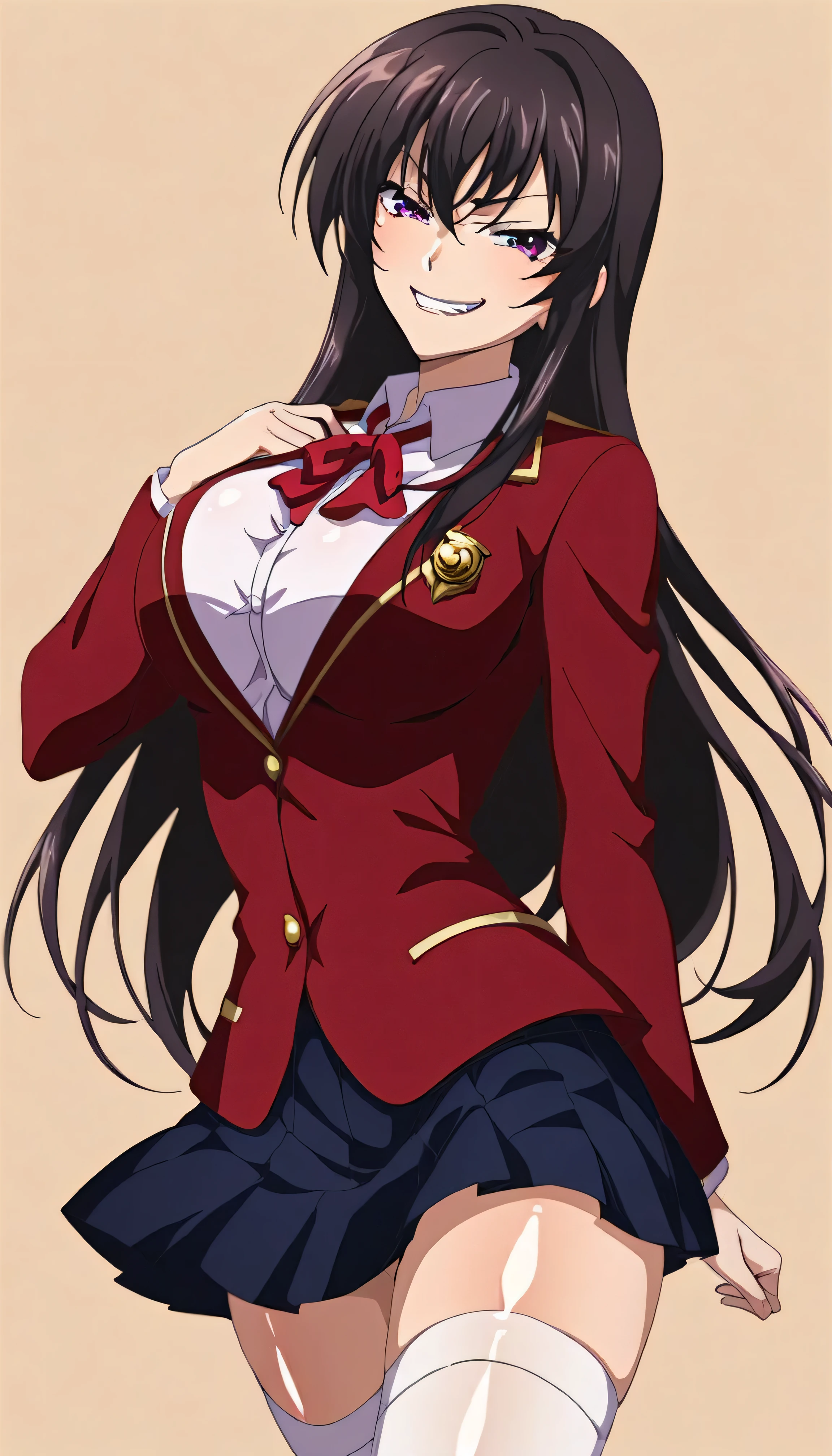 best quality, masterpiece, highres, solo, {yuuki_setsuna_loveliveschoolidolfestivalallstars:1.15}, black_hair, long_hair, bangs, grey_eyes, smile, sidelocks, one_side_up, breasts, blush, black_eyes, hair_ornament, medium_breasts, 1girl, cleavage, collared_shirt, shirt, simple_background, white_background, white_shirt, black_jacket, jacket, large_breasts, nijigasaki_academy_school_uniform, button_gap, hand_on_own_chest, plaid_skirt, school_uniform, skirt, upper_body, white_skirt