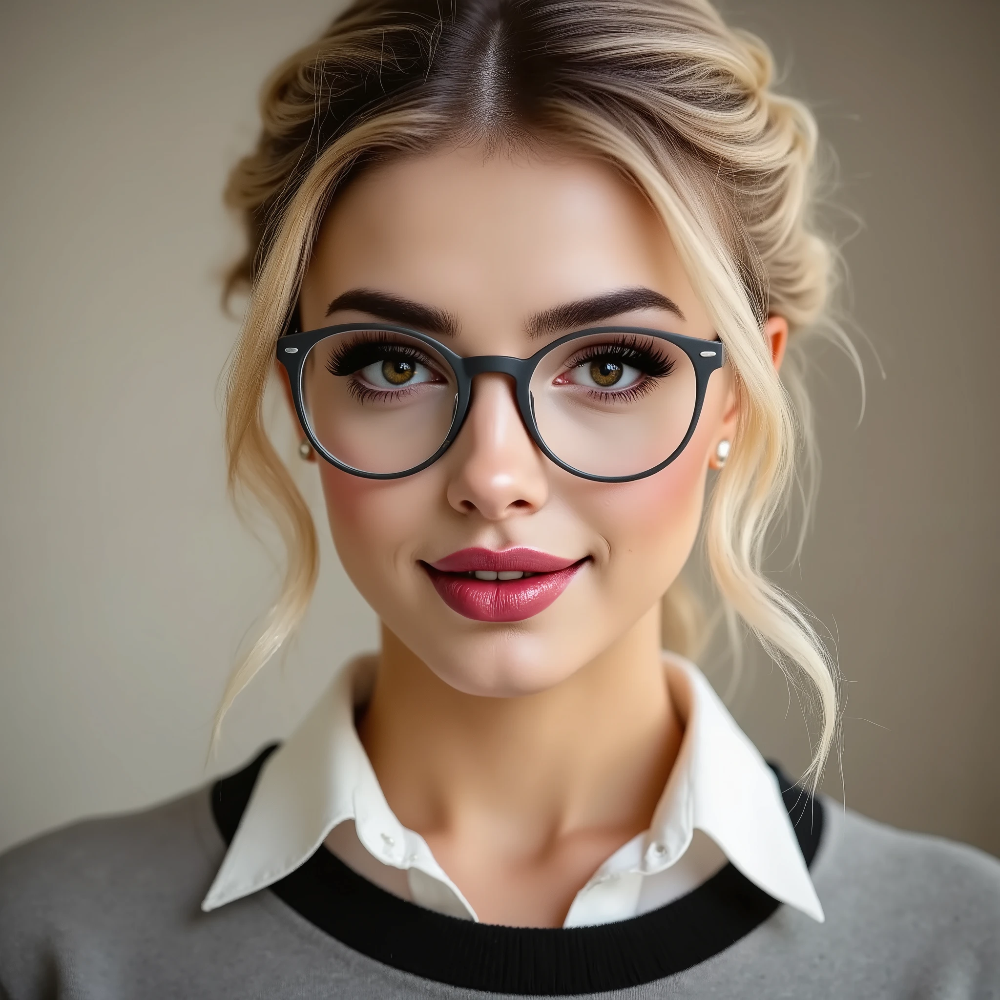 arafed woman wearing a collared satin blouse under a duotone crewneck sweater, warm smile, gorgeous eyes, glasses