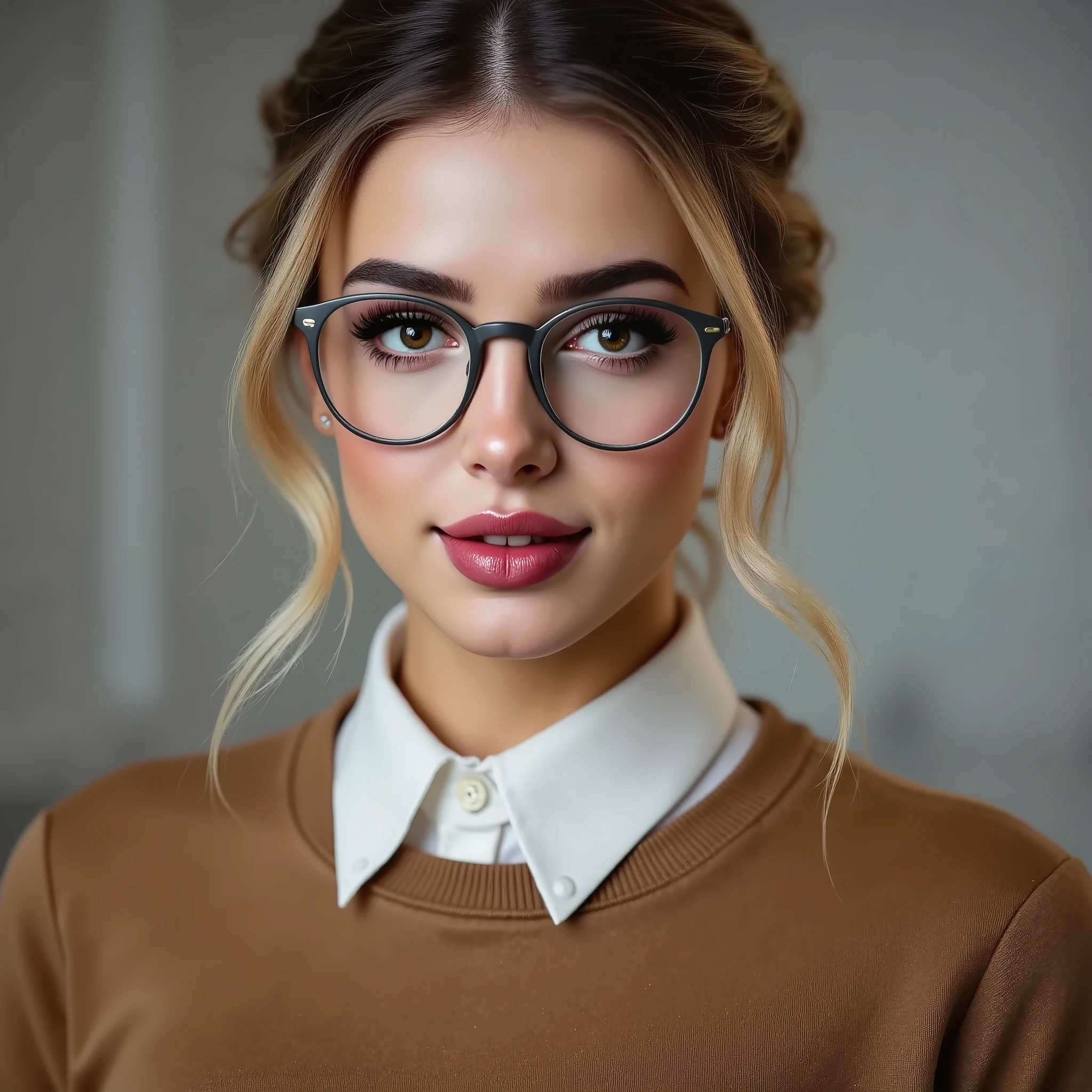 arafed woman wearing a collared satin blouse under a duotone crewneck sweater, warm smile, gorgeous eyes, glasses