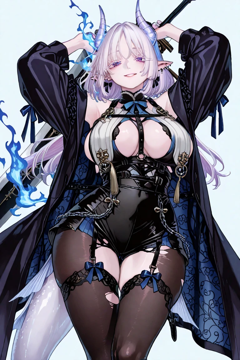 beautiful girl，White long hair，(curls)，Magician，(Magician长袍)，Black garter stockings，Wizard Hat，In the library，((underboobs))，((Below the breasts))，((Lower breasts))，(Breast explosion)