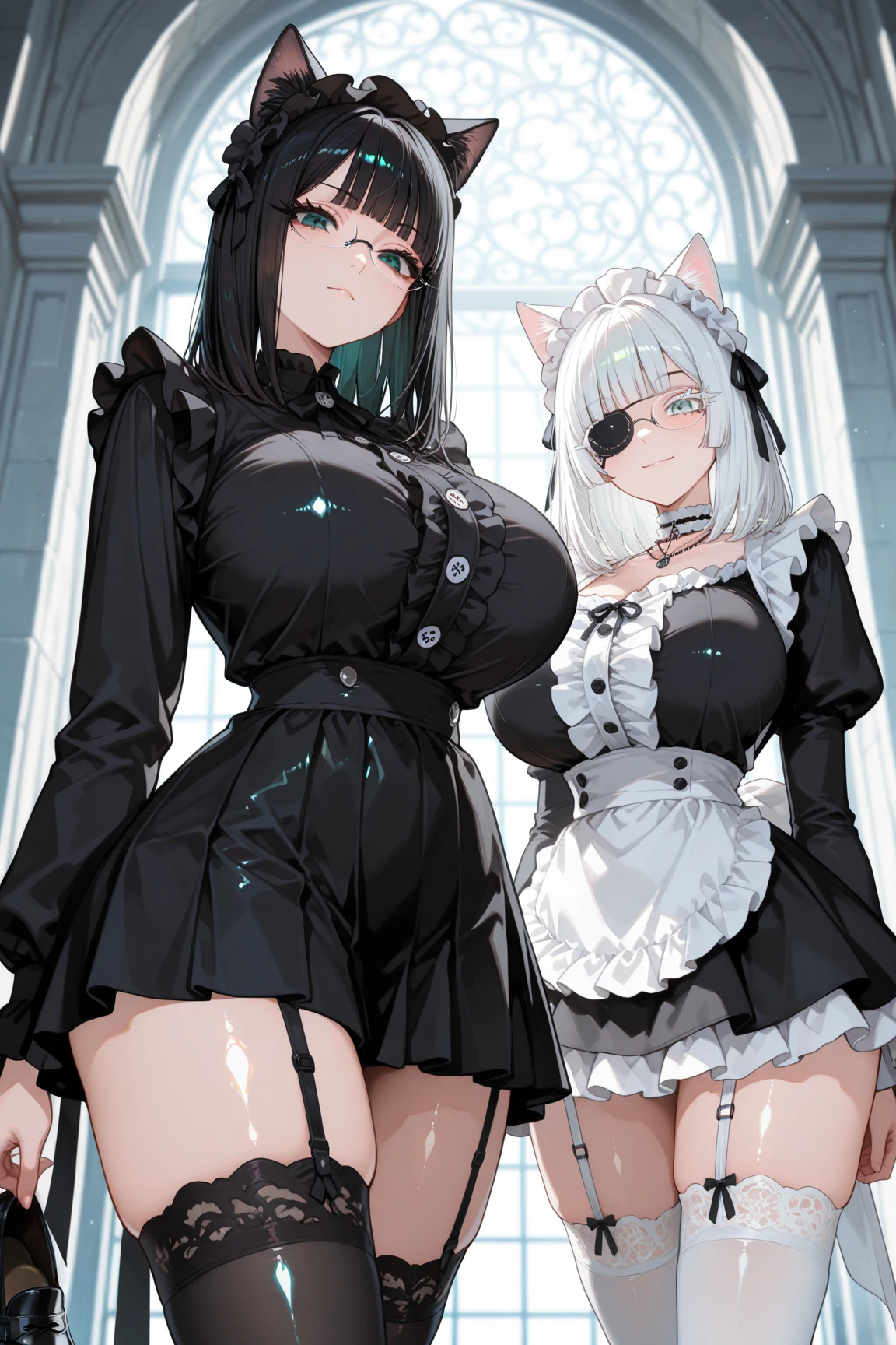 Silver hair twintails Big Breasts beautiful girl Black Lingerie Black garter belt Black knee socks nude Blowjob Lewd Lick tongue Drooling Black enamel Black high heels Black Bondage Climax Crimson Eyes Nipple piercing Breast milk One person